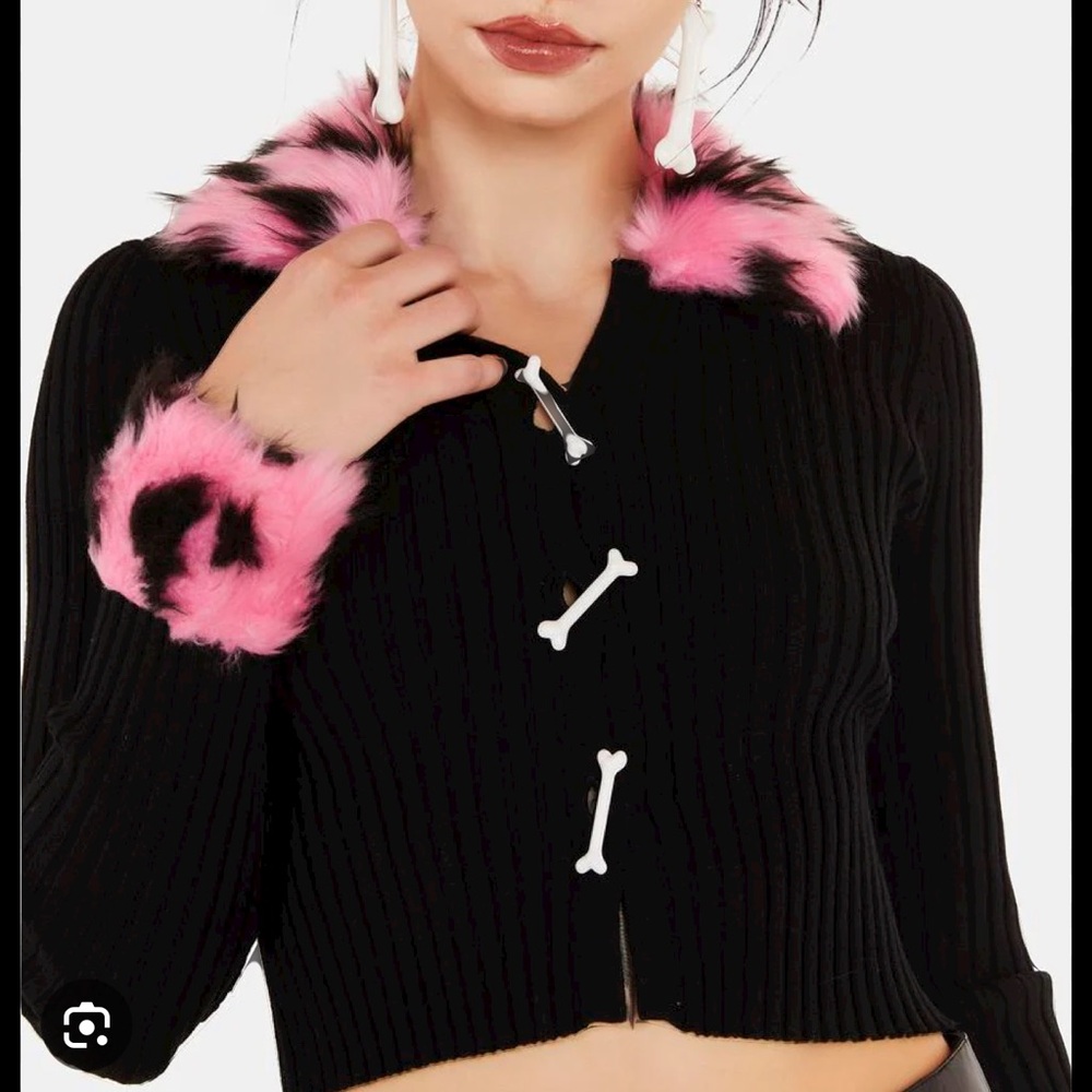 Dolls Kill Black Cardigan with Pink Fur Trim and Bone Buttons